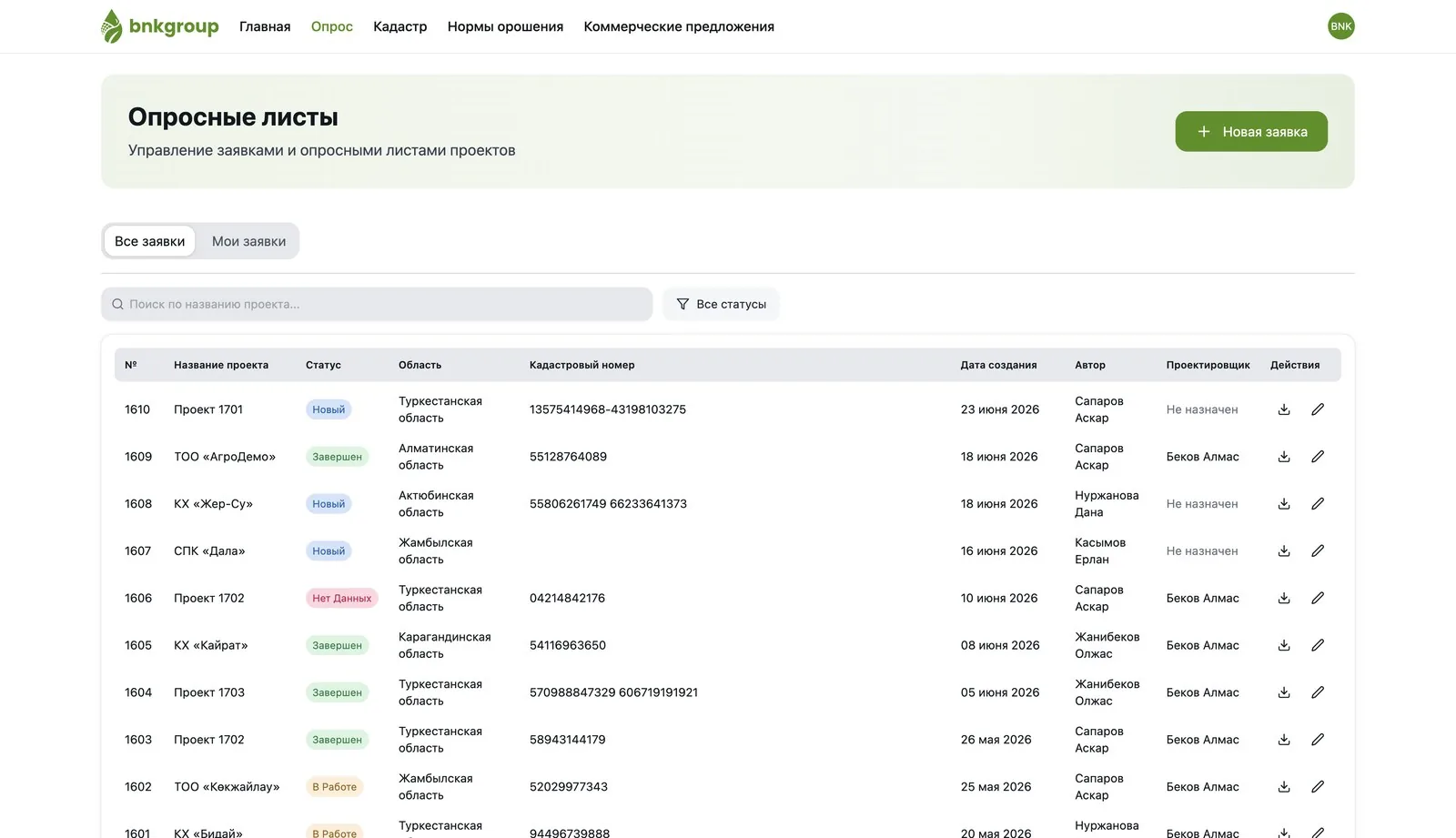 Заявки по проектам: статусы, область и кадастровые номера